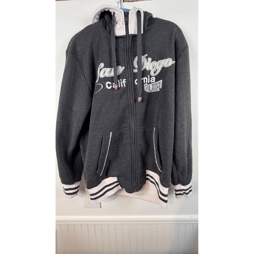 Blue Bay San Diego California Zip Up Hoodie Gray White Varsity Fleece Large